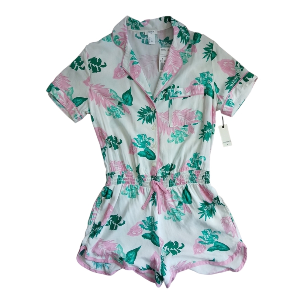 New With Tags-Forever 21-Tropical-White-Pink-Green-Pajamas-Onesie-Size Small